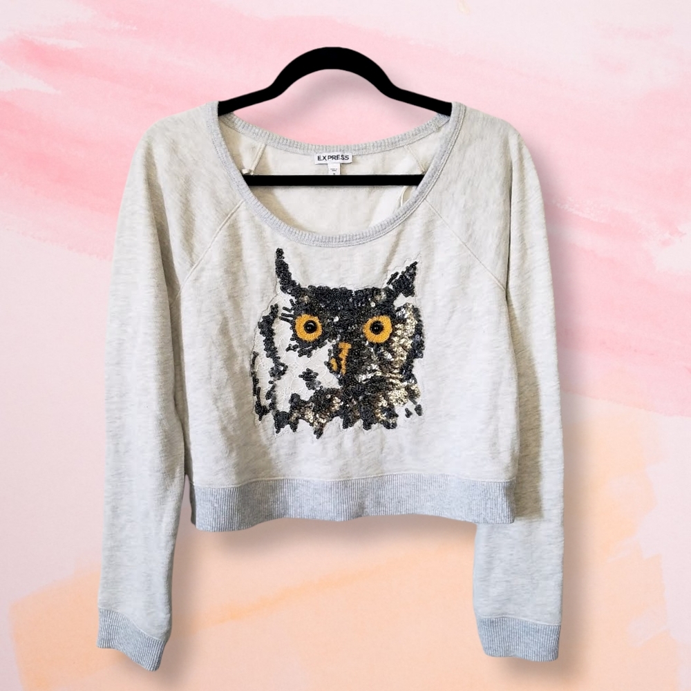 Express Gray Sequin Black Owl Cropped Sweatshirt Top